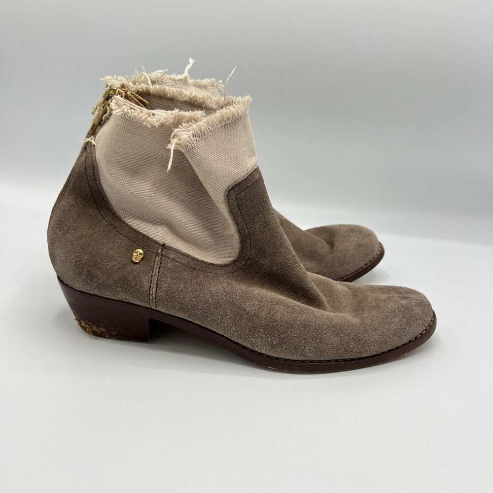 Zadig & Voltaire Teddy Canvas Suede Ankle Boots Size 38 Skull Charm Taupe